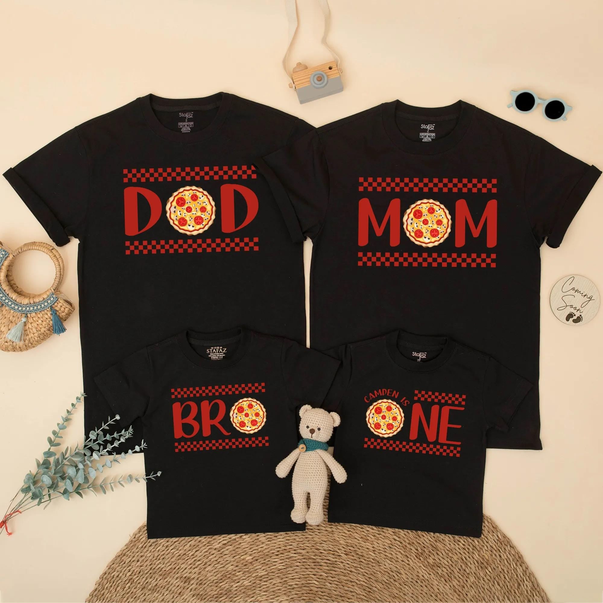 Matching Family Pizza Party Birthday Shirts Playful Checkered Design Personalized Outfit for Dad Mom One Bro Italian Celebration