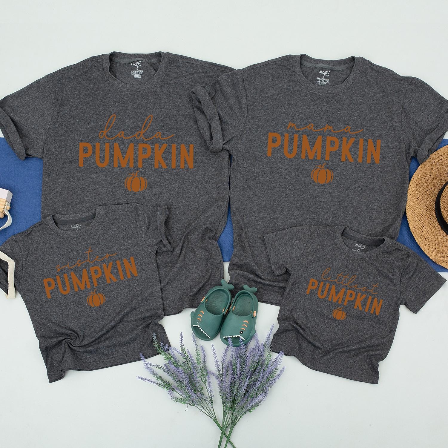 Matching Family Pumpkin Shirts Fall Custom Names Outfit Cozy Thanksgiving Look Warm Brown Earthy Autumnal Design Baby Toddler Gift