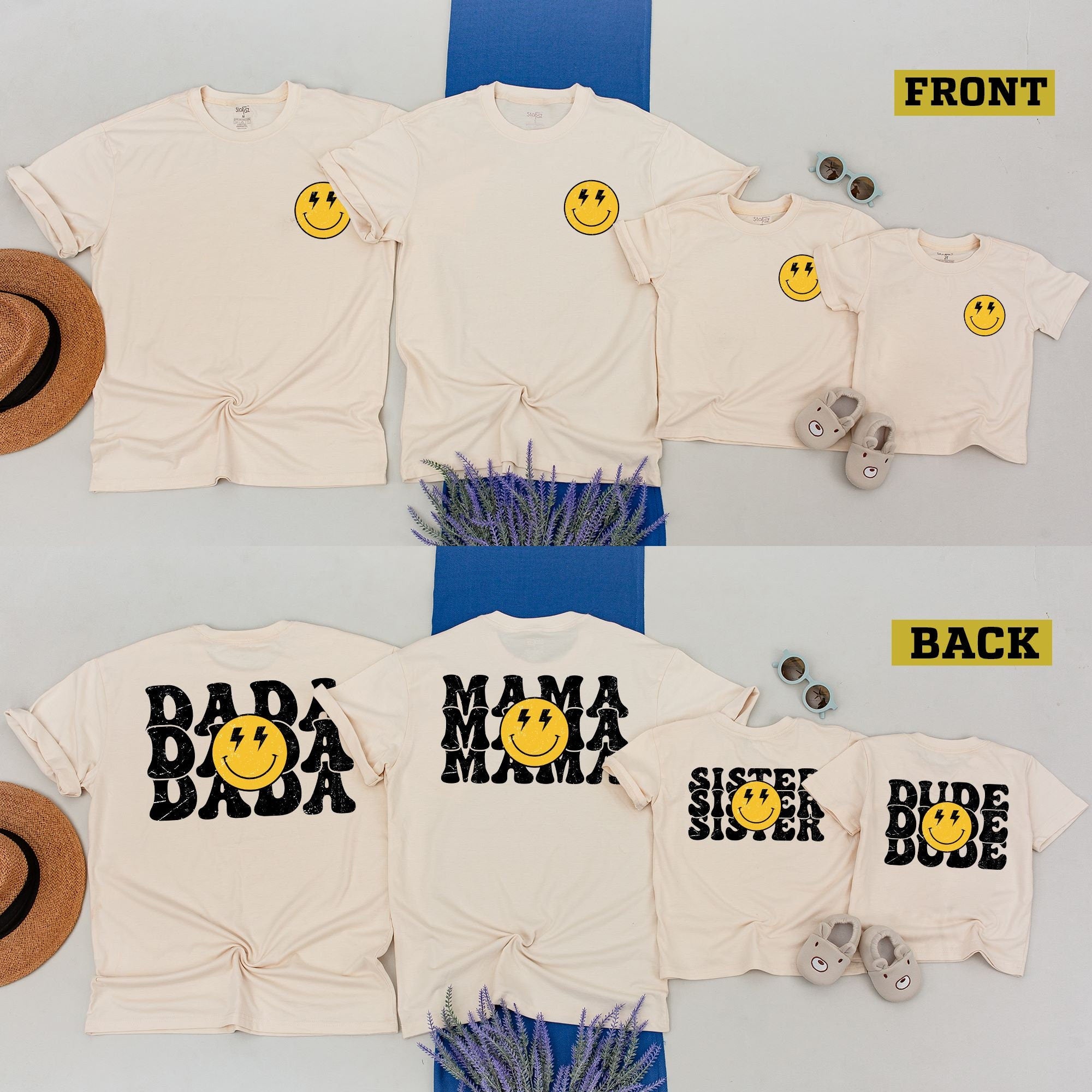 Matching Family Retro Happy Face Birthday Outfit for Kids and Adults Custom Names Cotton Comfortable Playful Gift Idea
