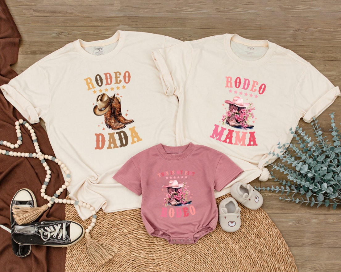 Matching Family Rodeo Birthday Shirts Baby Cowboy Outfit Retro Western Theme Personalized Pink Brown Designs
