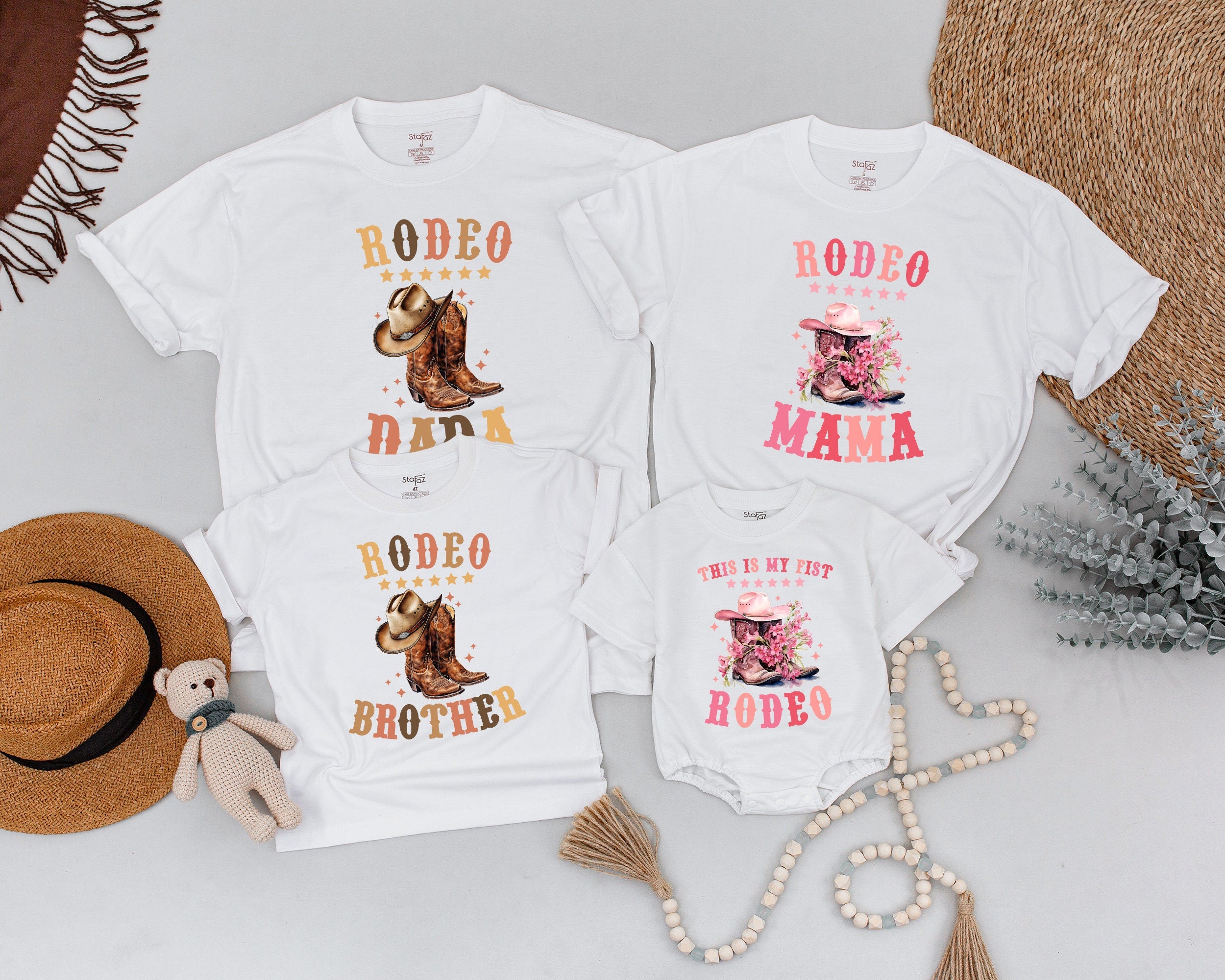 Matching Family Rodeo Birthday Shirts Baby Cowboy Outfit Retro Western Theme Personalized Pink Brown Designs
