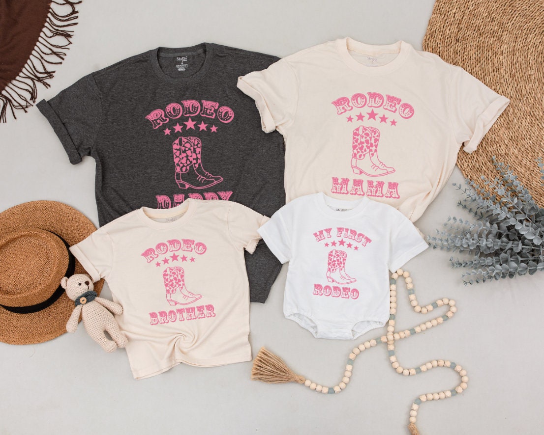 Matching Family Rodeo Shirts Pink Cowboy Boot Birthday Western Mama Baby Outfit Retro Style Personalized Gift
