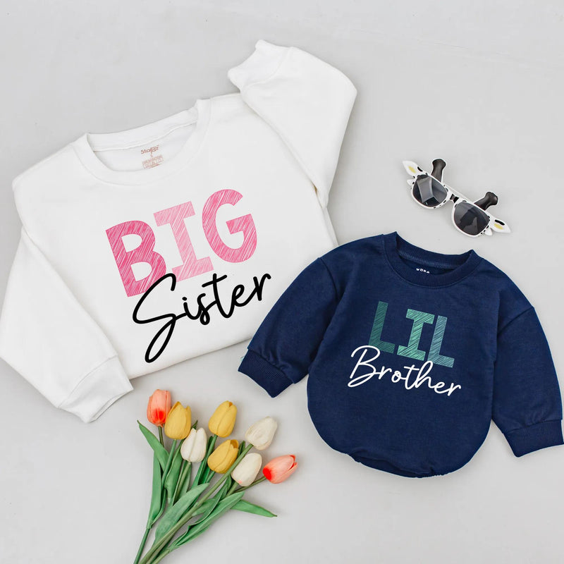 Matching Family Shirts Big Sister Lil Brother Outfits Custom Toddler Girl Boy Tees Soft Cotton Casual Birthday Holiday Gift Cross-Hatch Design