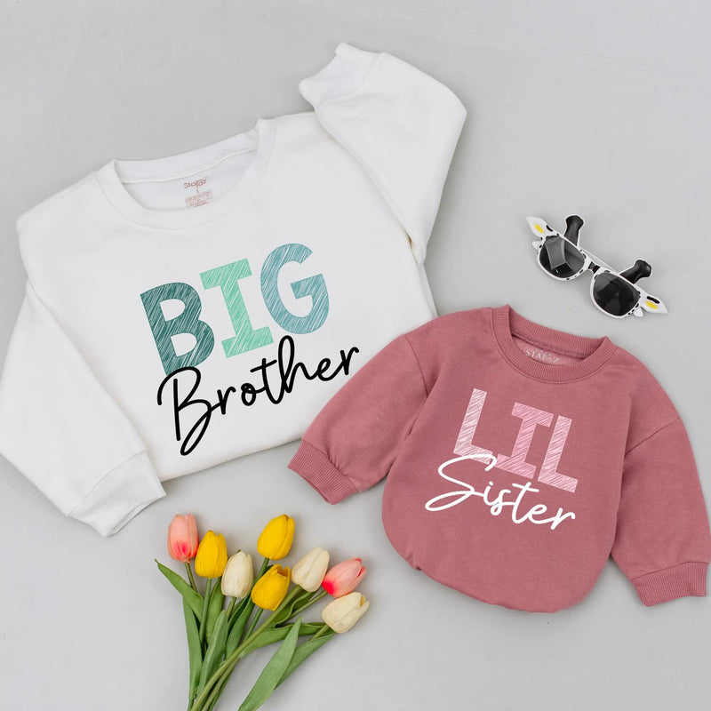 Matching Family Shirts Big Sister Lil Brother Outfits Custom Toddler Girl Boy Tees Soft Cotton Casual Birthday Holiday Gift Cross-Hatch Design