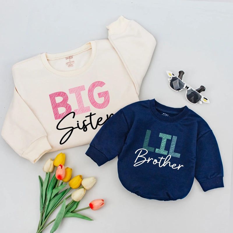 Matching Family Shirts Big Sister Lil Brother Outfits Custom Toddler Girl Boy Tees Soft Cotton Casual Birthday Holiday Gift Cross-Hatch Design