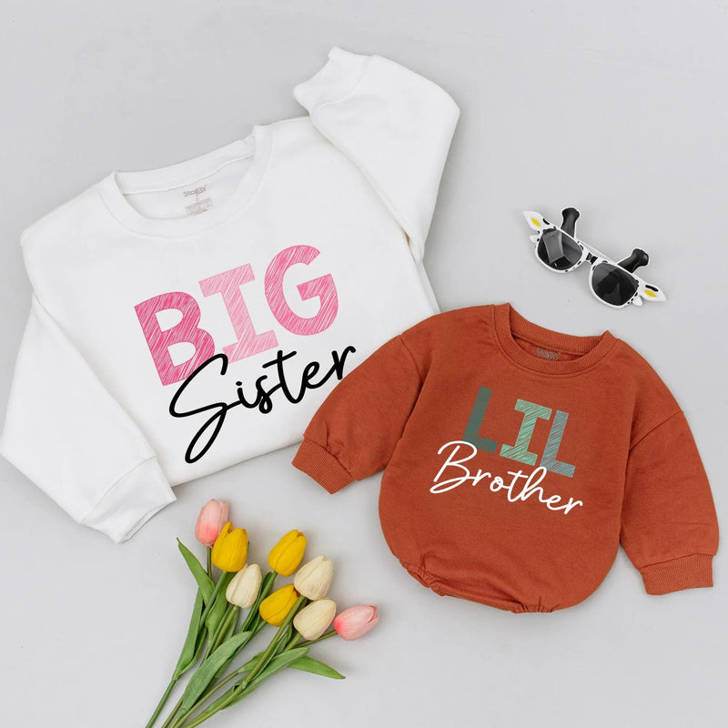 Matching Family Shirts Big Sister Lil Brother Outfits Custom Toddler Girl Boy Tees Soft Cotton Casual Birthday Holiday Gift Cross-Hatch Design