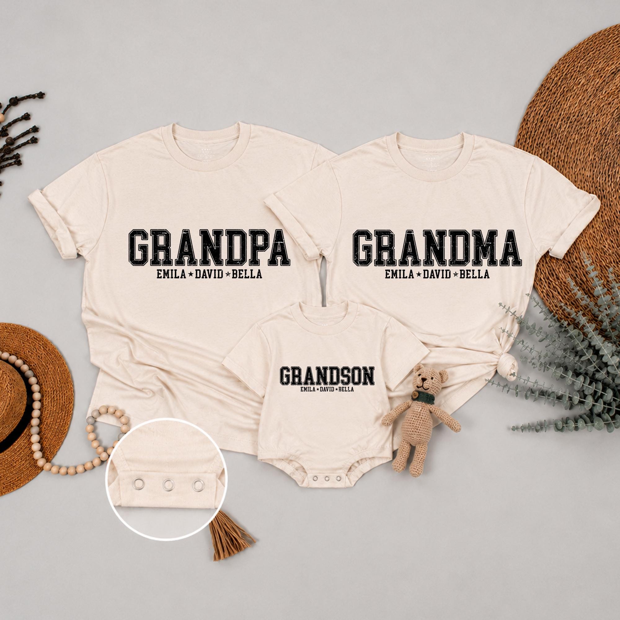 Matching Family Shirts with Custom Names for Grandma, Grandpa, and Grandson, Soft Cotton Personalized Gift for Grandparents Day or Holidays