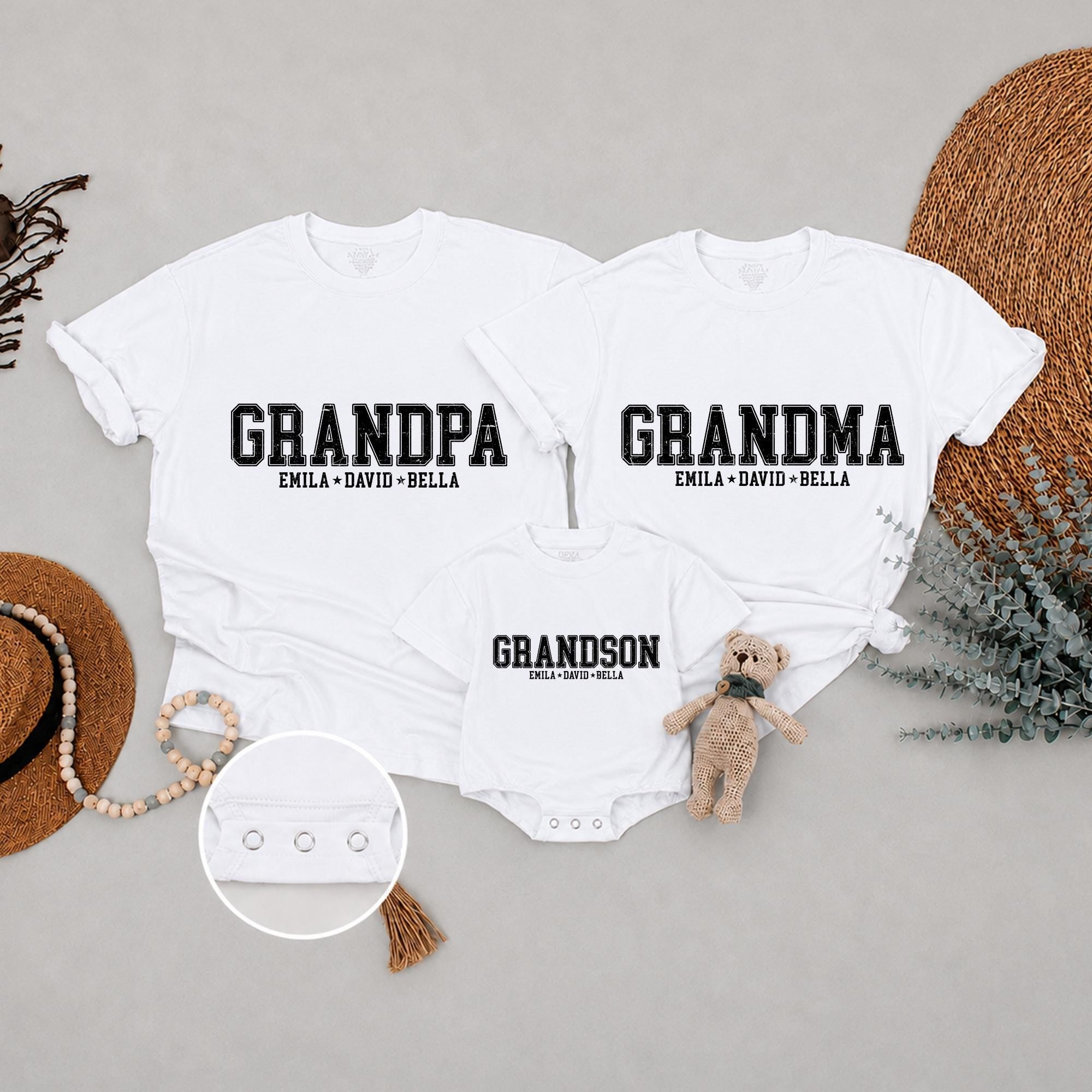 Matching Family Shirts with Custom Names for Grandma, Grandpa, and Grandson, Soft Cotton Personalized Gift for Grandparents Day or Holidays