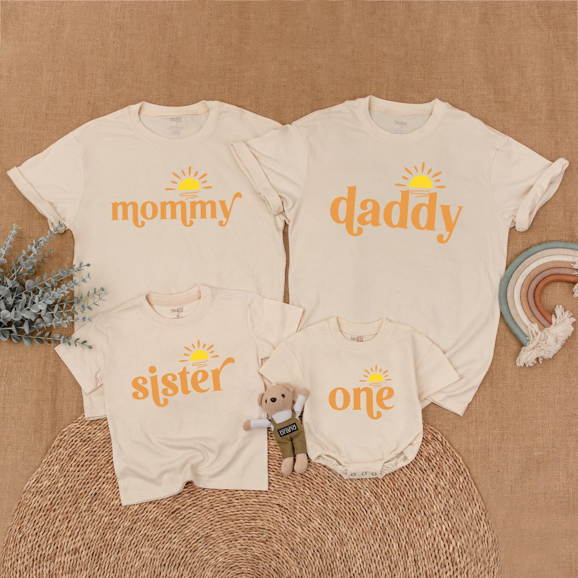 Matching Family Sunshine Shirts for First Birthday Celebration Custom Names Warm Yellow Design Toddler Baby Soft Cotton Party Outfit