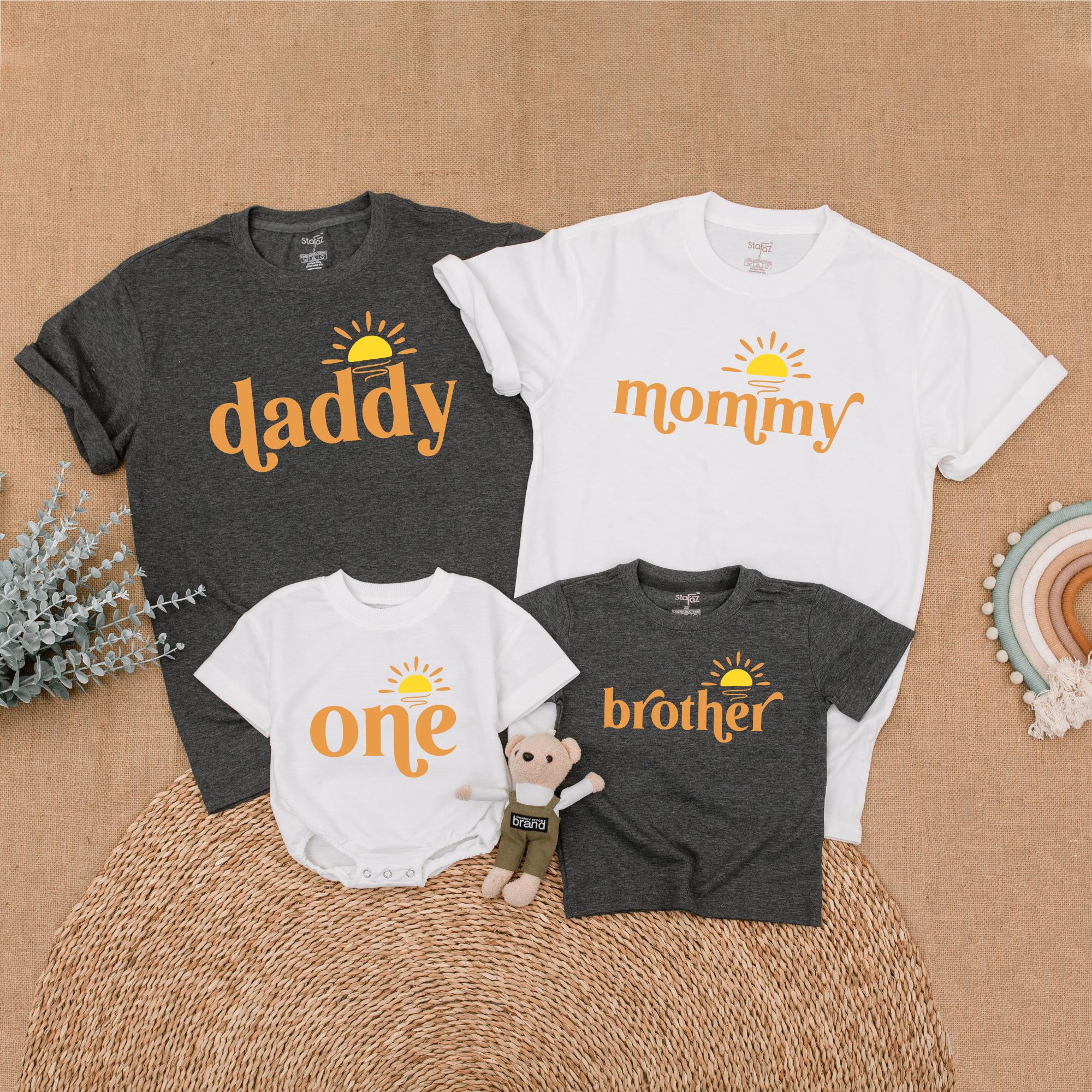 Matching Family Sunshine Shirts for First Birthday Celebration Custom Names Warm Yellow Design Toddler Baby Soft Cotton Party Outfit