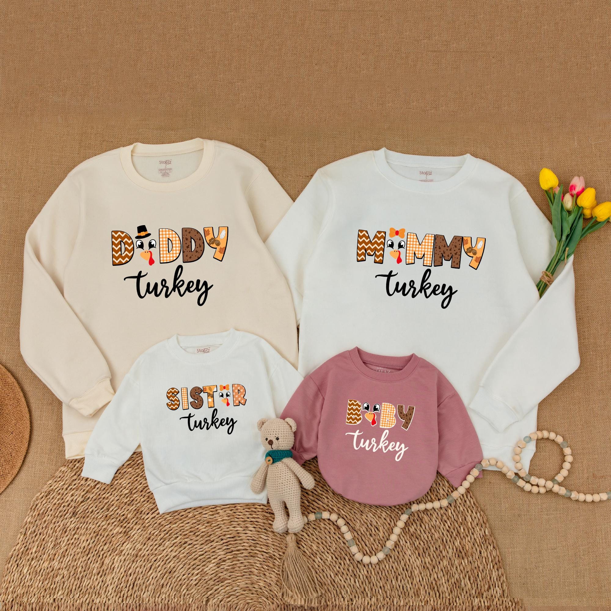 Matching Family Turkey Sweaters Retro Thanksgiving Outfits for Mommy Daddy Brother Fun Fall Plaid Cursive Design Baby Romper