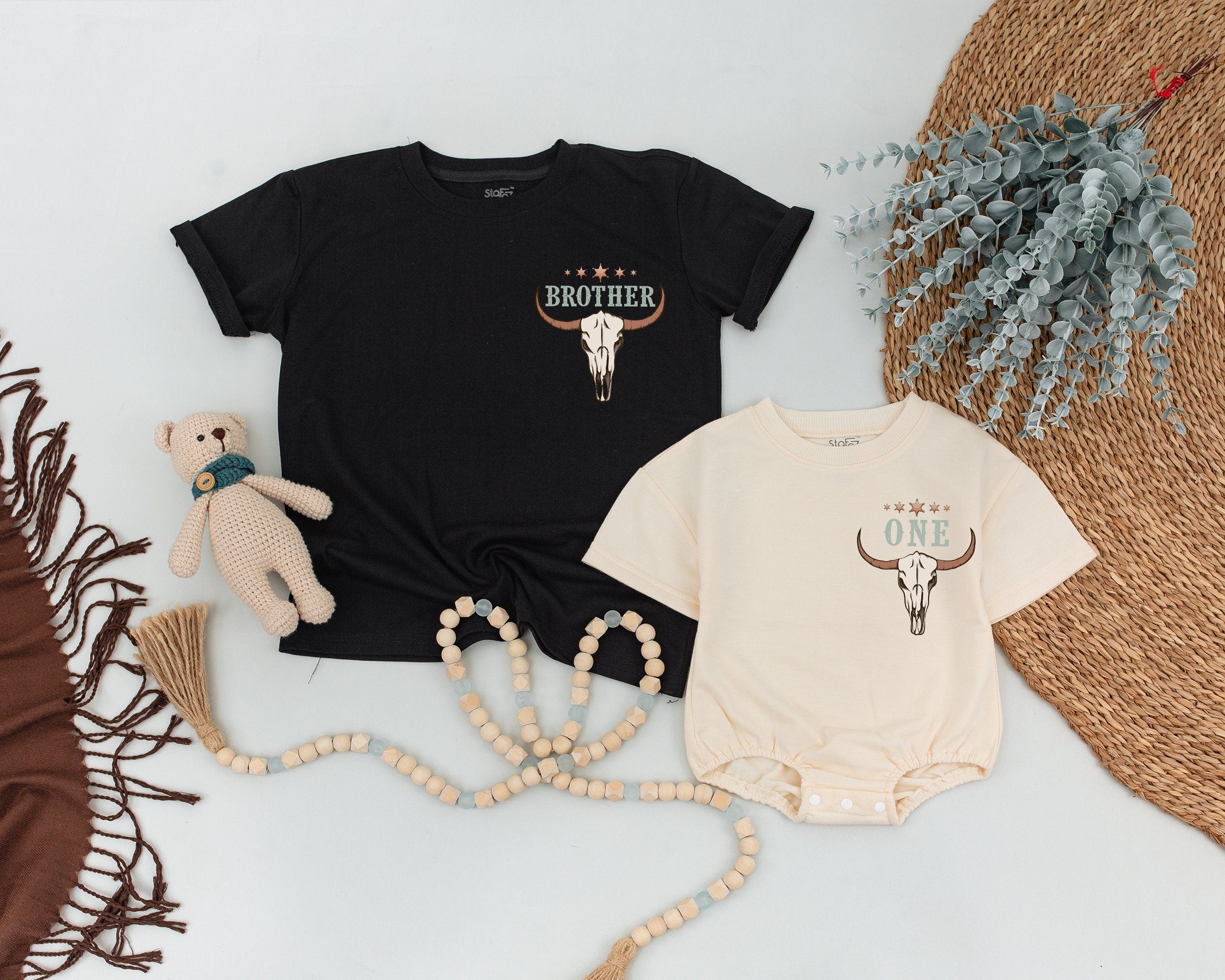 Matching Family Western Rodeo Shirts with Longhorn Skull Design Custom Names Cotton Outfit Mom Dad Baby First Rodeo Celebration