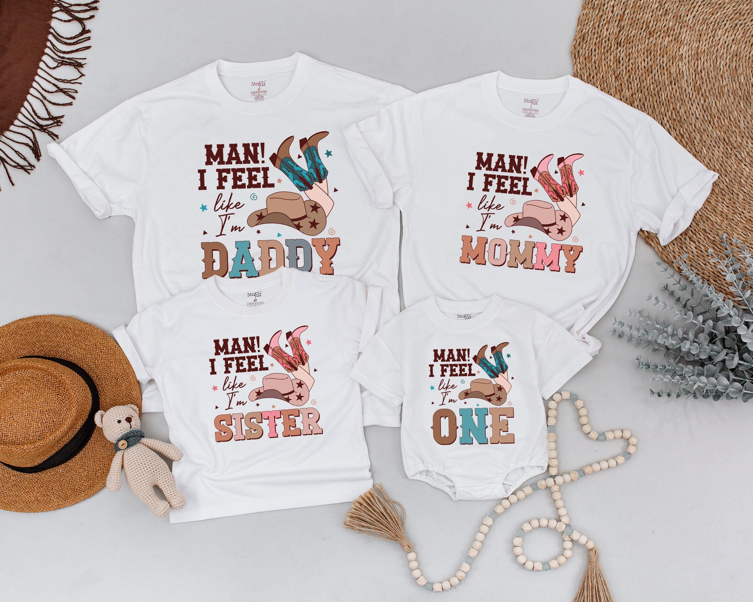 Matching Family Western Shirts Personalized Retro Cowboy Hat Design First Birthday Outfit Custom Names Baby Dad Gift