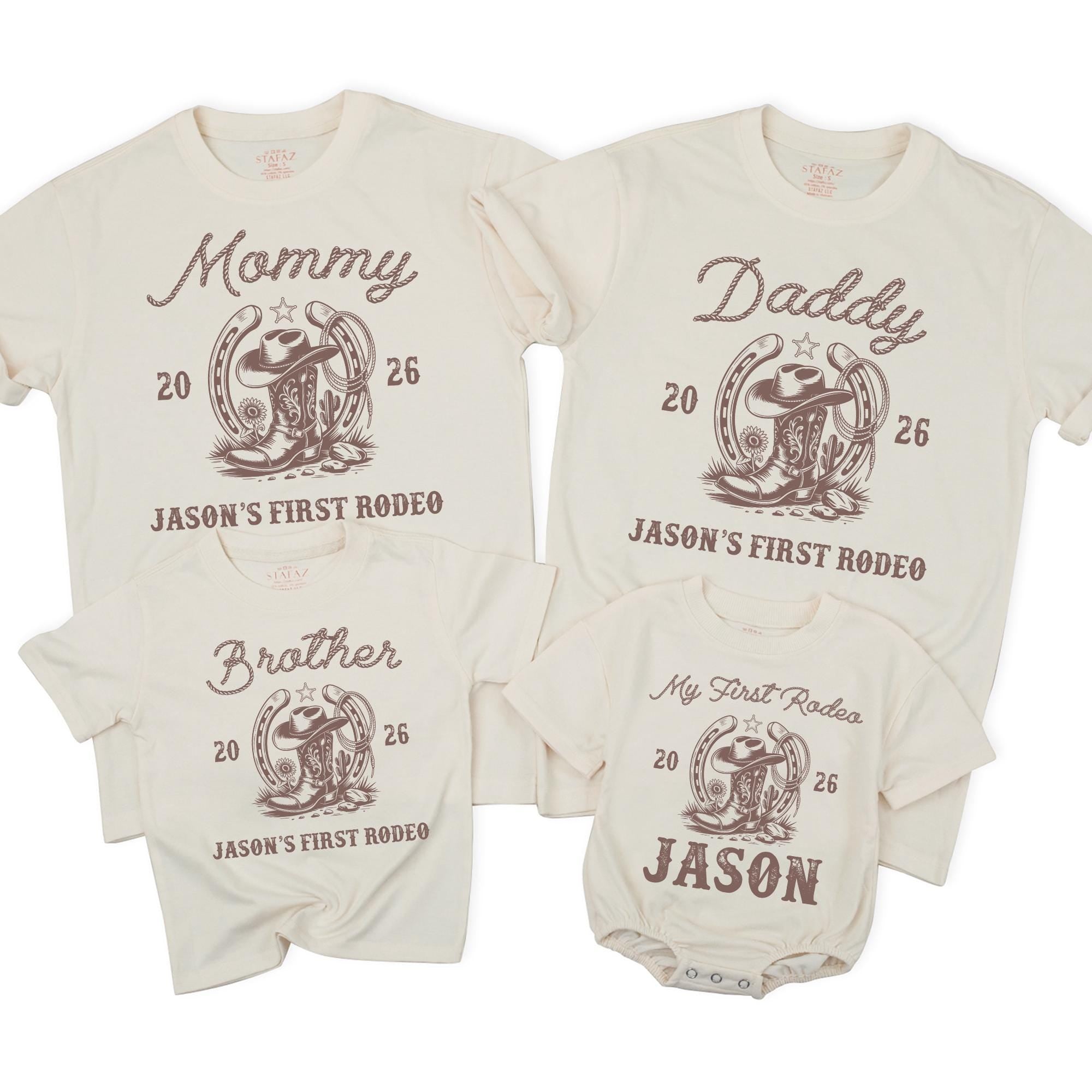 Matching First Rodeo Family Shirts Custom Cowboy Birthday Outfit for Mom Dad Grandma Baby Western Design Personalized 2026 Event Gift