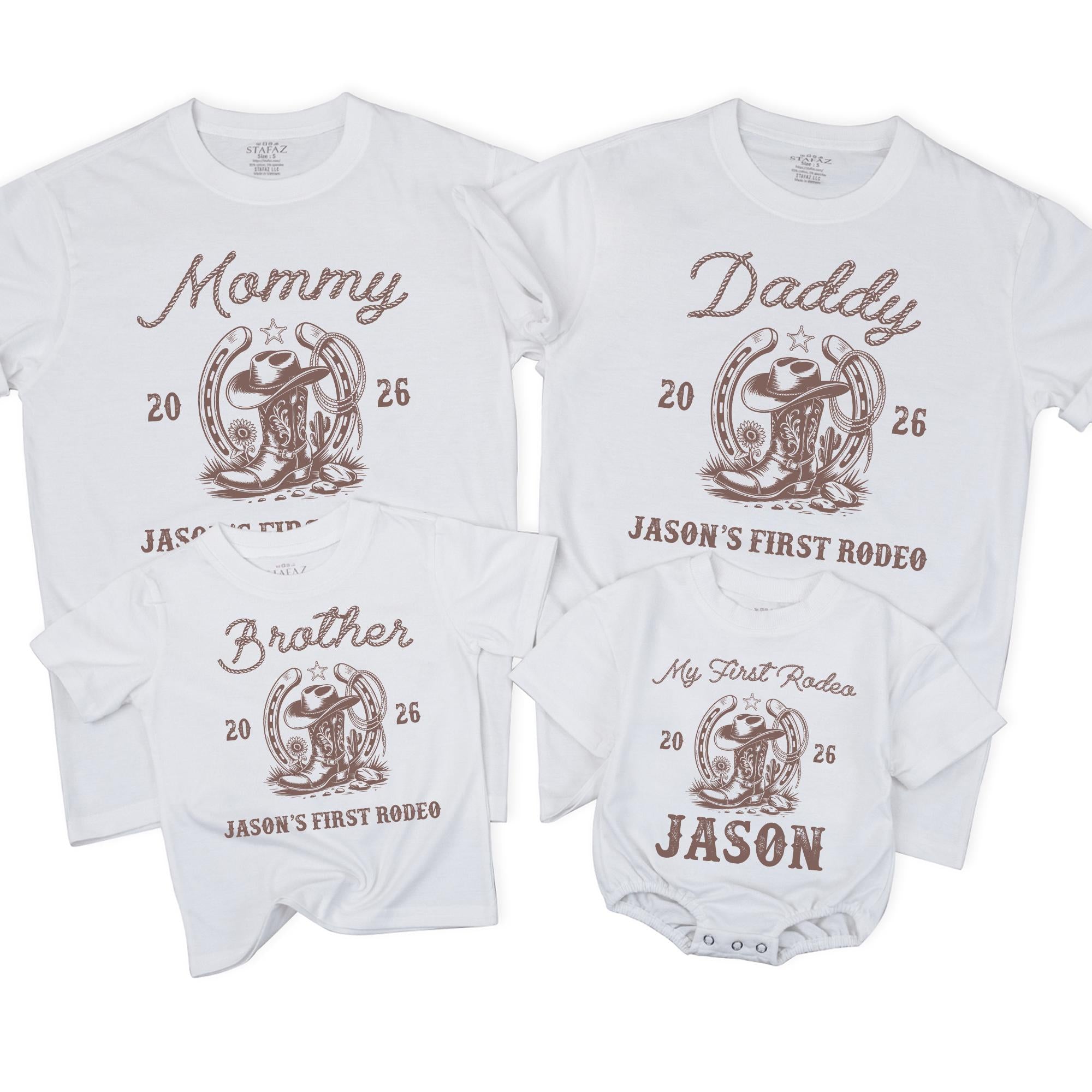 Matching First Rodeo Family Shirts Custom Cowboy Birthday Outfit for Mom Dad Grandma Baby Western Design Personalized 2026 Event Gift