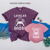 Matching Gamer Shirts for Dad and Baby with Pixelated Text Design New Dad Gift Leveled Up to Daddy and Player 2 Father's Day Outfit