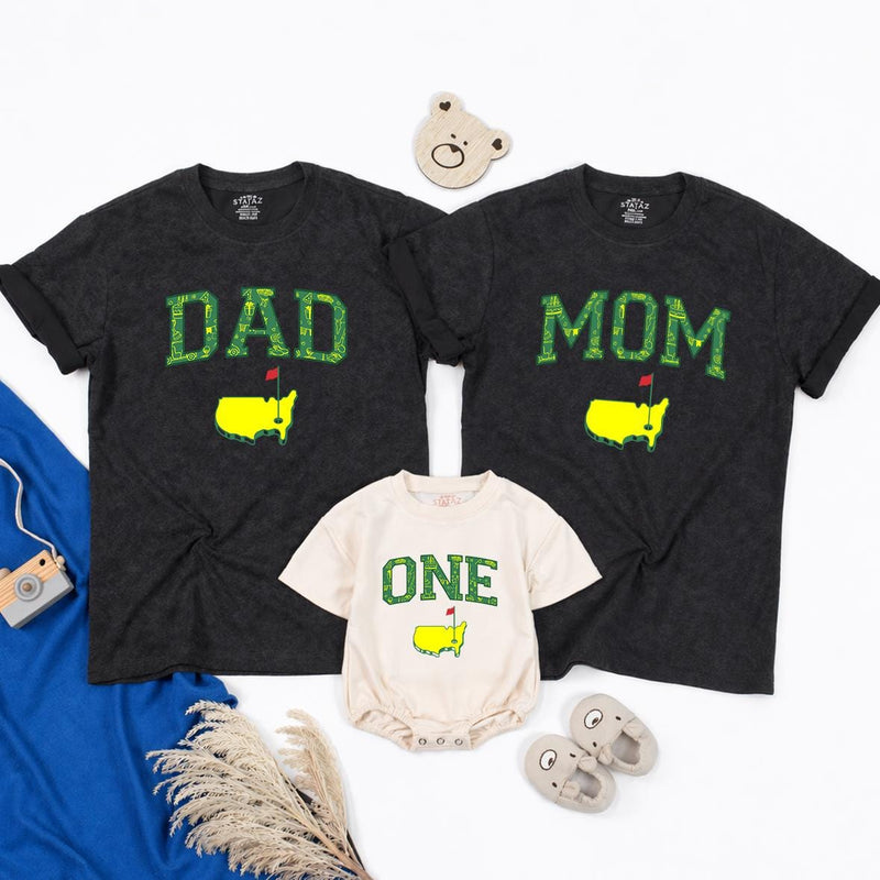 Matching Golf Birthday Outfit for Dad, Mom, and Baby One Romper, Family Hole in One Shirts with U.S. Map Design, Party Gift Set