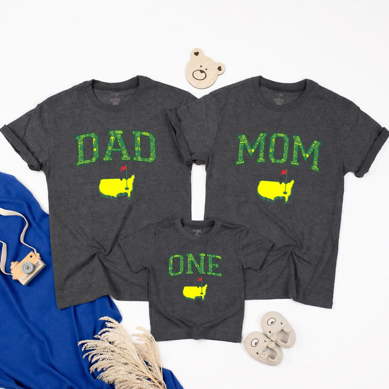 Matching Golf Birthday Outfit for Dad, Mom, and Baby One Romper, Family Hole in One Shirts with U.S. Map Design, Party Gift Set