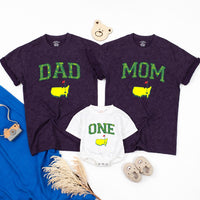 Matching Golf Birthday Outfit for Dad, Mom, and Baby One Romper, Family Hole in One Shirts with U.S. Map Design, Party Gift Set