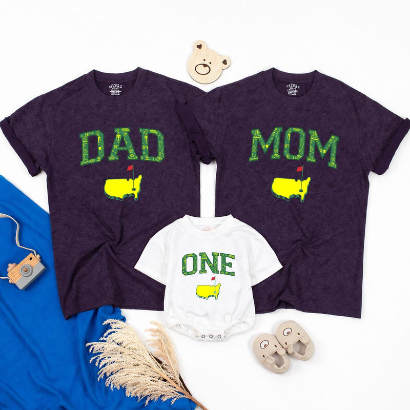 Matching Golf Birthday Outfit for Dad, Mom, and Baby One Romper, Family Hole in One Shirts with U.S. Map Design, Party Gift Set