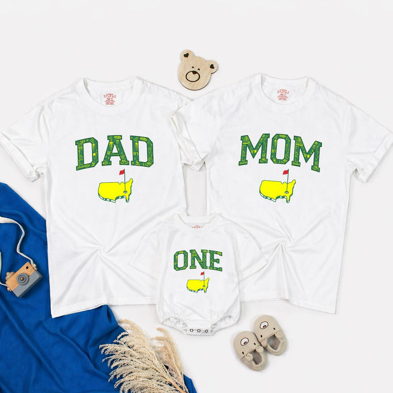 Matching Golf Birthday Outfit for Dad, Mom, and Baby One Romper, Family Hole in One Shirts with U.S. Map Design, Party Gift Set