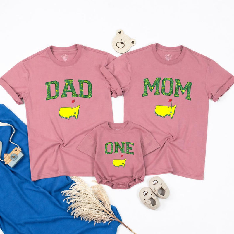 Matching Golf Birthday Outfit for Dad, Mom, and Baby One Romper, Family Hole in One Shirts with U.S. Map Design, Party Gift Set