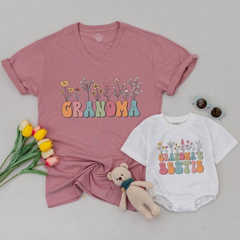 Matching Grandma and Me Floral T-shirts Pastel Design for Baby Shower Newborn to Youth Sizes Family Gift Grandma's Bestie Personalization