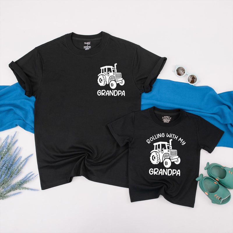 Matching Grandpa and Grandson Tractor Shirts Custom Family Outfits Rolling with Grandpa Tees Father’s Day Gift Rustic Design 2025