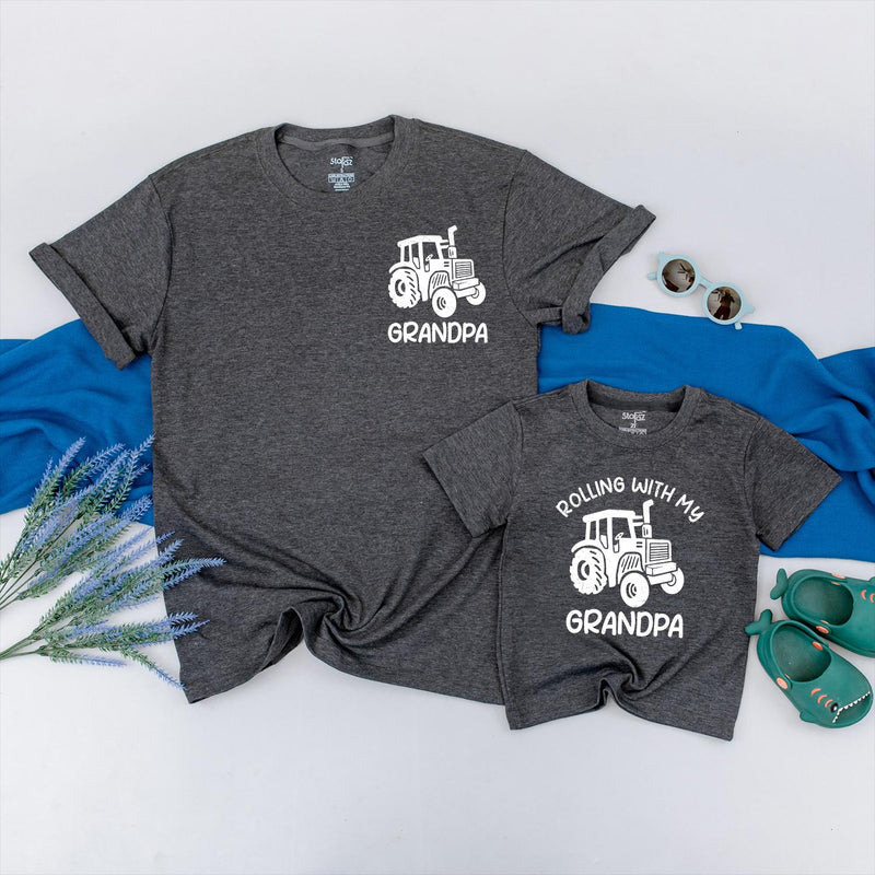 Matching Grandpa and Grandson Tractor Shirts Custom Family Outfits Rolling with Grandpa Tees Father’s Day Gift Rustic Design 2025