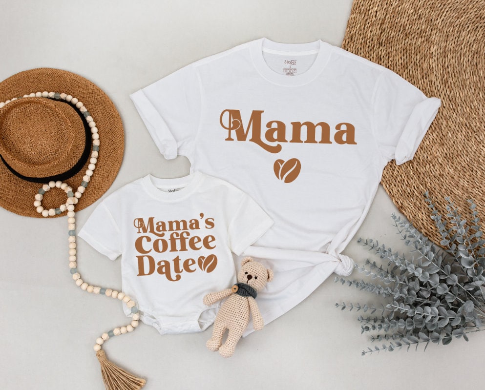 Matching Mama and Baby Coffee-Themed Shirts Retro Design Family Outfit Cozy Cotton Mother's Day Gift