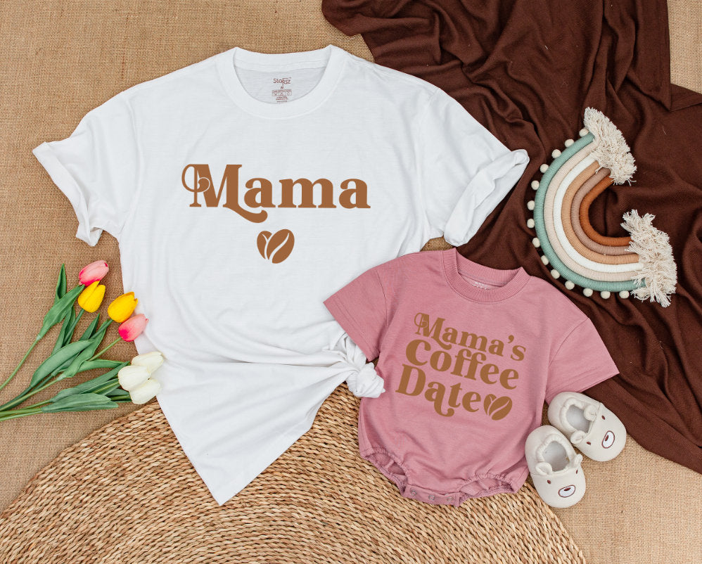 Matching Mama and Baby Coffee-Themed Shirts Retro Design Family Outfit Cozy Cotton Mother's Day Gift
