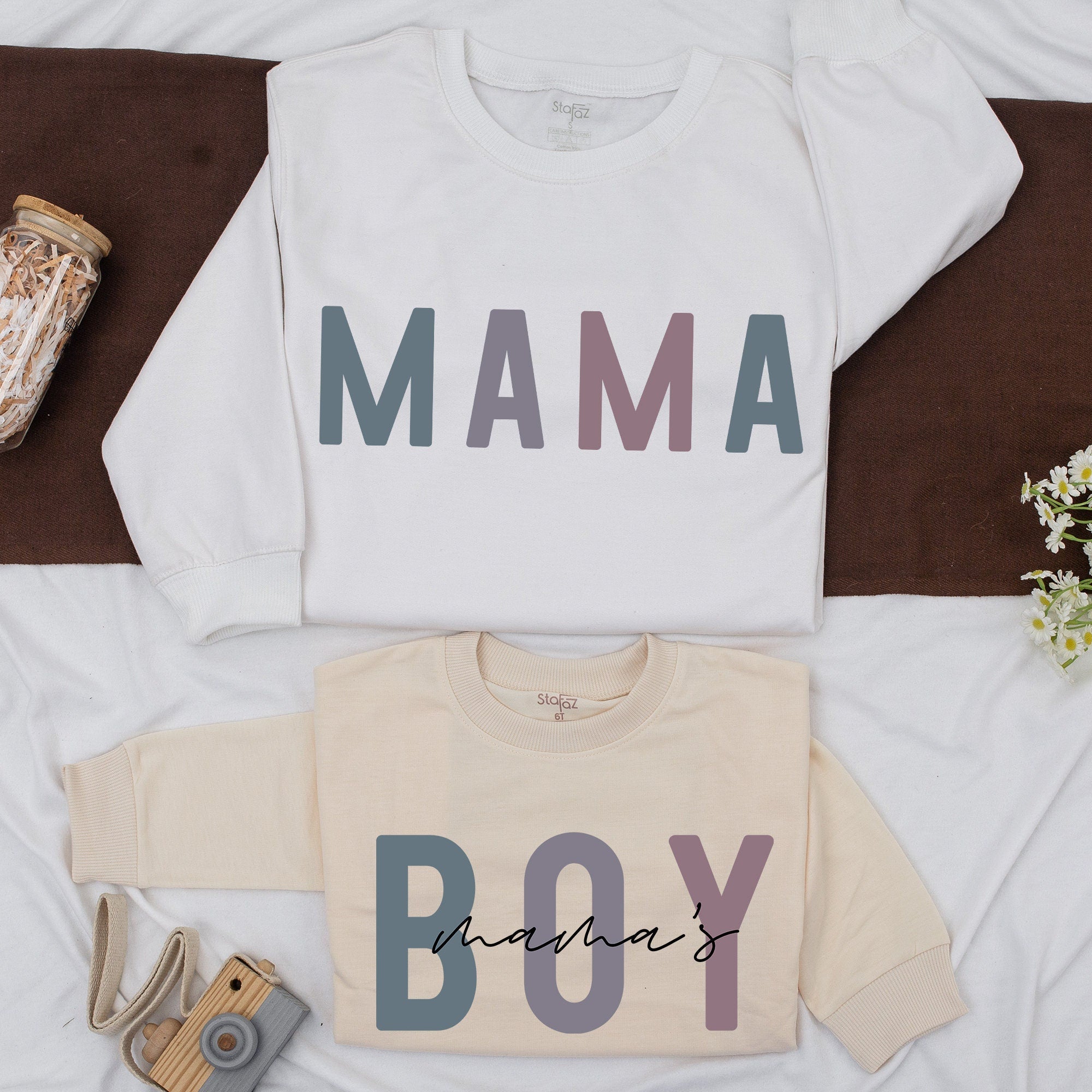 Matching Mama and Boy Sweatshirts Personalized Teal Mauve Cotton Cozy Family Outfit Mom Baby Cute Gift Holiday Wear