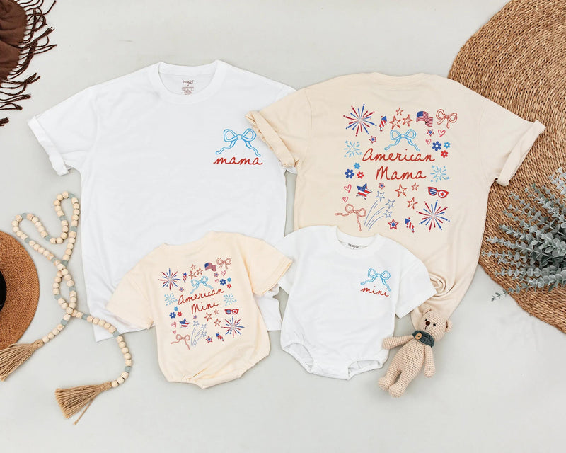 Custom Matching American Mama and Mini 4th of July Outfits, Patriotic Cotton Family Shirts for Baby, Toddler, and Mom, Holiday Gift Set