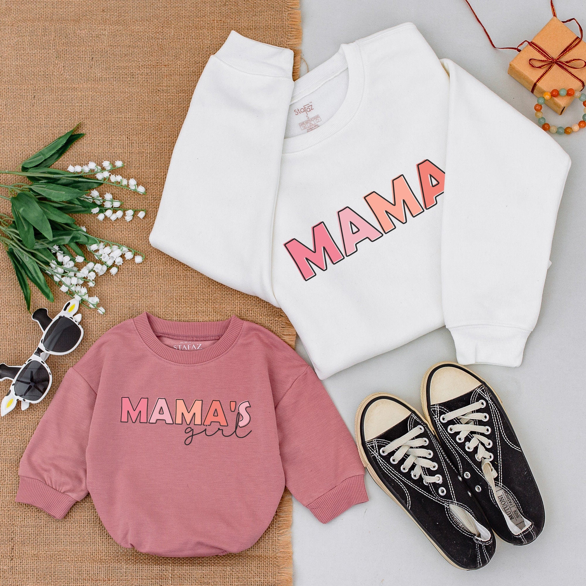 Matching Mama and Mini Sweatshirts with Coral Pink Lettering, Mother Daughter Baby Romper Outfit, Cozy Gift for New Moms and Baby Girls