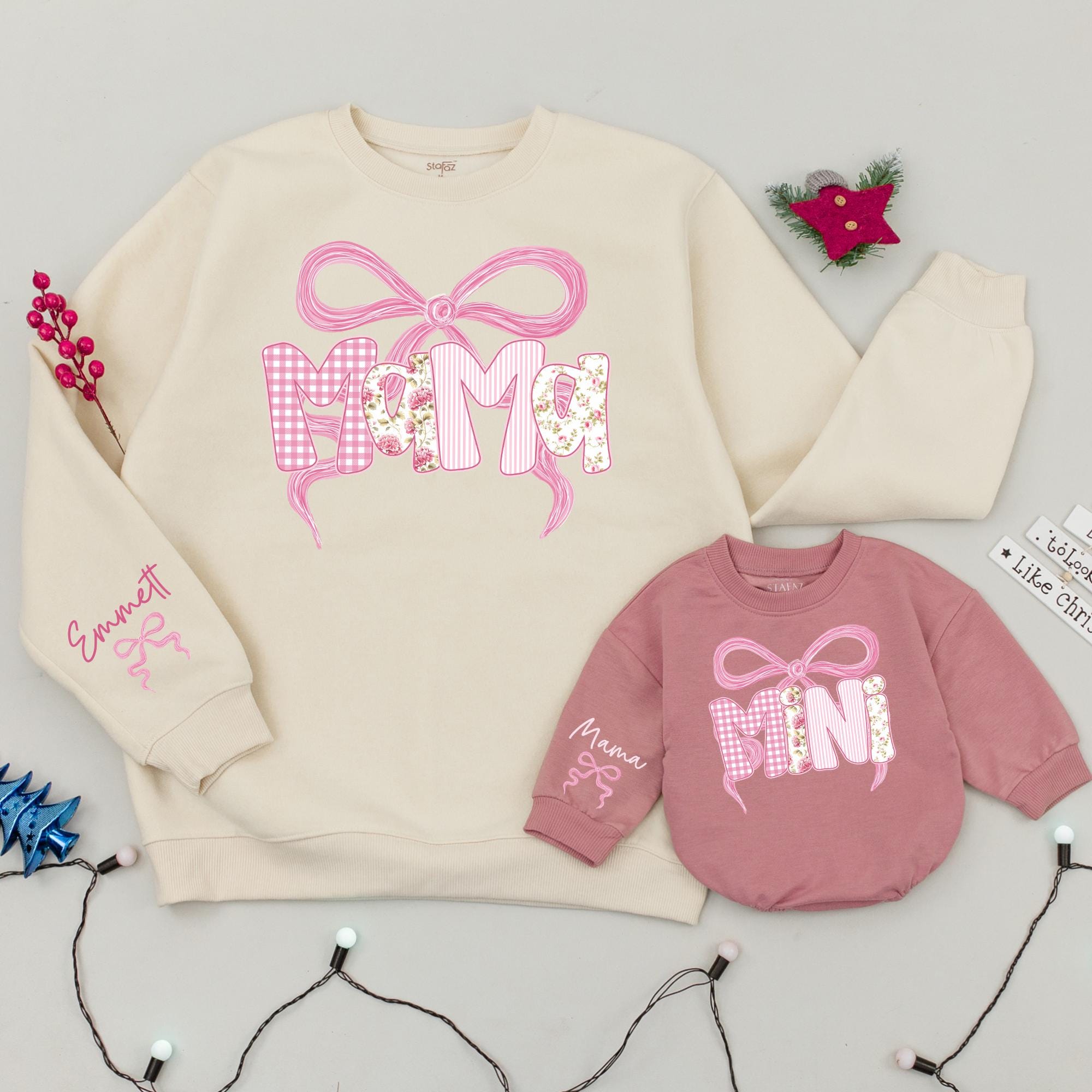 Matching Mama and Mini Sweatshirts with Pink Bow Design Custom Name Floral Pattern Personalized Mom and Baby Winter Outfit Gift