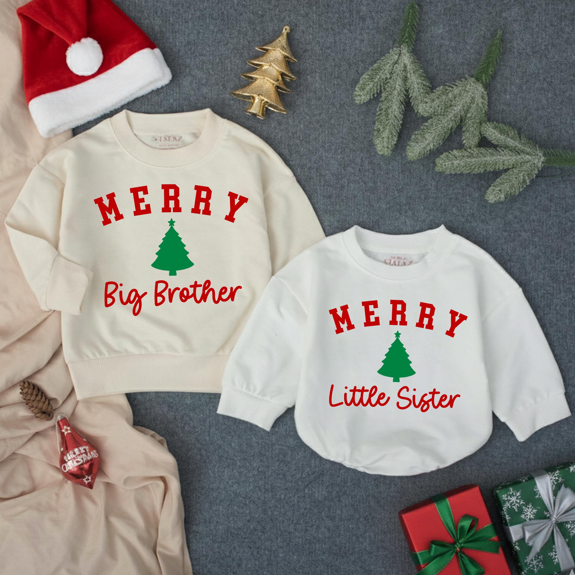 Matching Merry Big Brother Little Sister Christmas Outfits, Custom Toddler Sweatshirts, Soft Cotton Holiday Shirts for Siblings