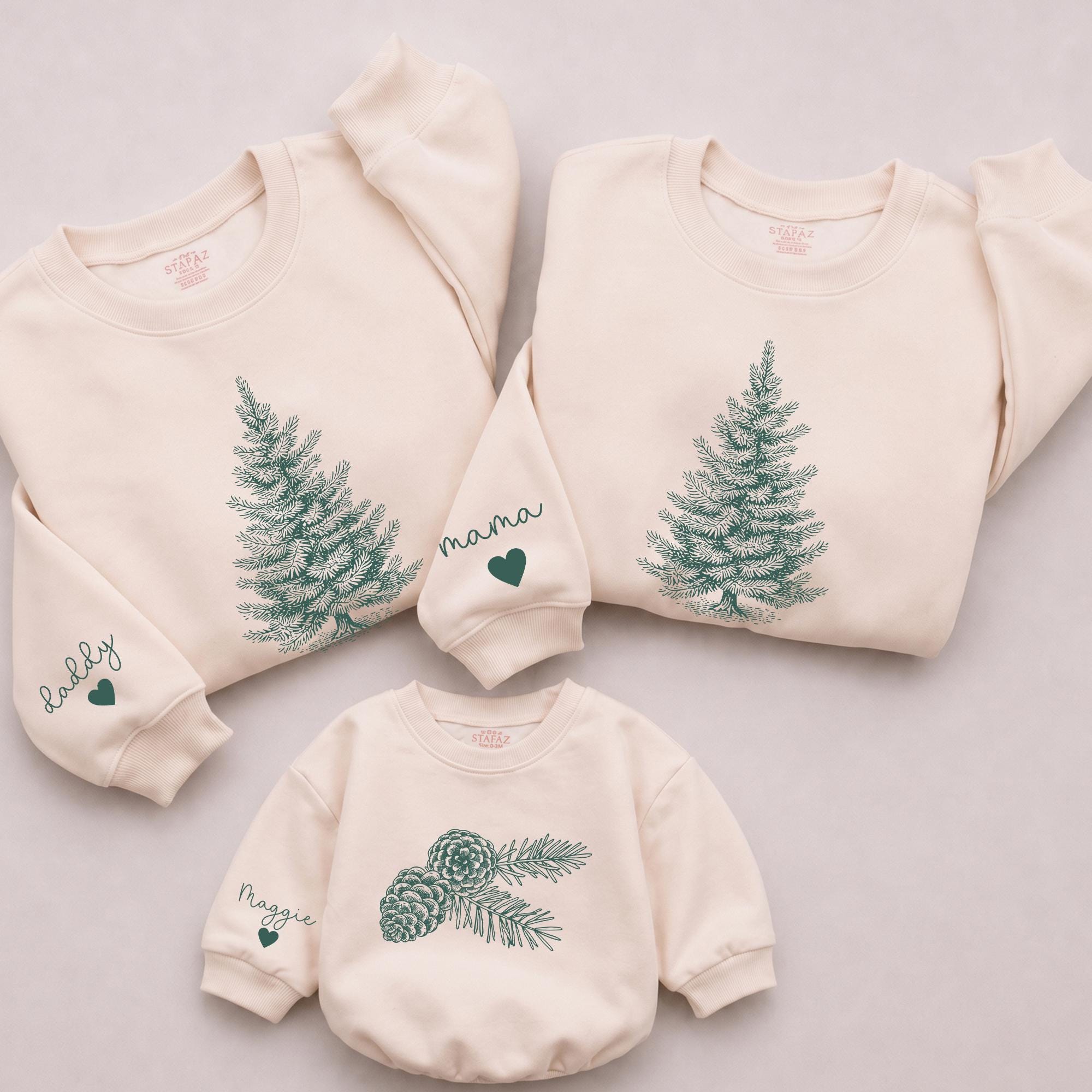 Matching Pine Tree and Pinecone Family Sweatshirts with Custom Names, Holiday Mommy and Me Outfits, Baby Romper Christmas Gift