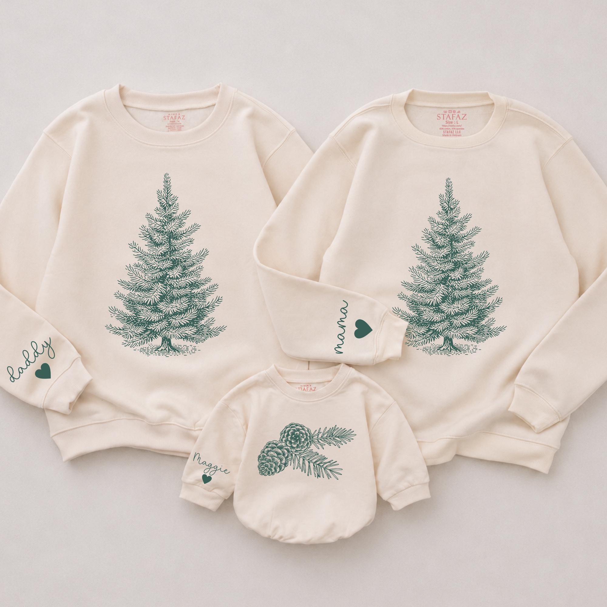 Matching Pine Tree and Pinecone Family Sweatshirts with Custom Names, Holiday Mommy and Me Outfits, Baby Romper Christmas Gift