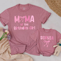 Matching Pink Bow Birthday Shirts for Mom and Baby Custom First Birthday Outfit Soft Cotton 1st Birthday Girl Party Clothes Personalized Gift