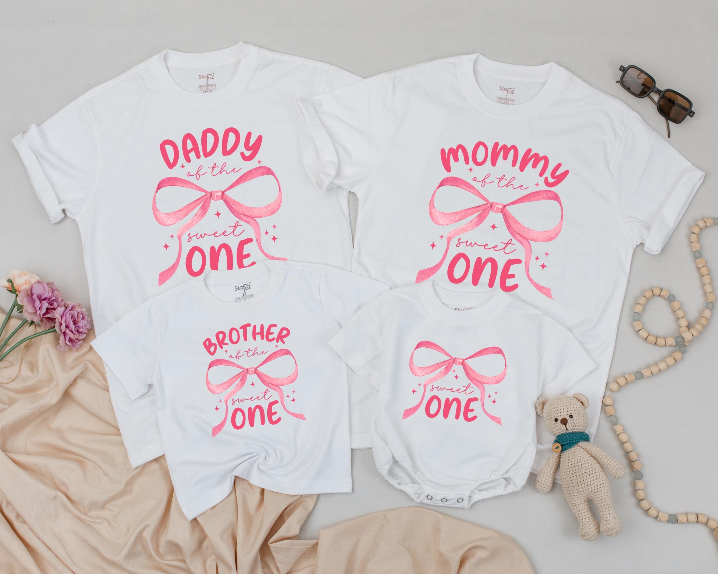 Matching Pink Bow First Birthday Shirts for Family Sweet One Celebration Vibrant Festive Outfit Personalized Mom Dad Sister Brother