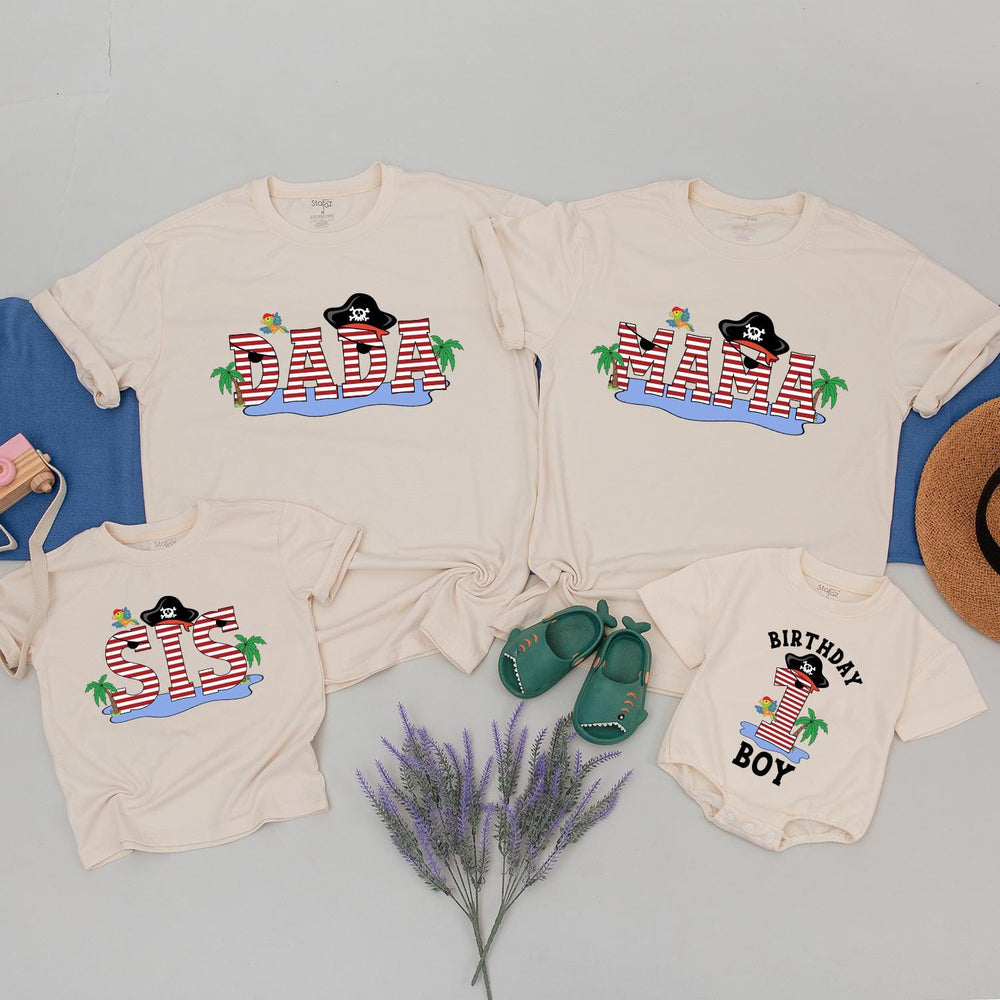 Matching Pirate-Themed Family Birthday Shirts for Mom, Dad, Sister, and Baby Boy, Fun 1st Birthday Outfit with Parrots and Palm Trees