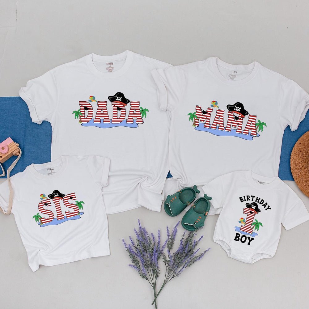 Matching Pirate-Themed Family Birthday Shirts for Mom, Dad, Sister, and Baby Boy, Fun 1st Birthday Outfit with Parrots and Palm Trees