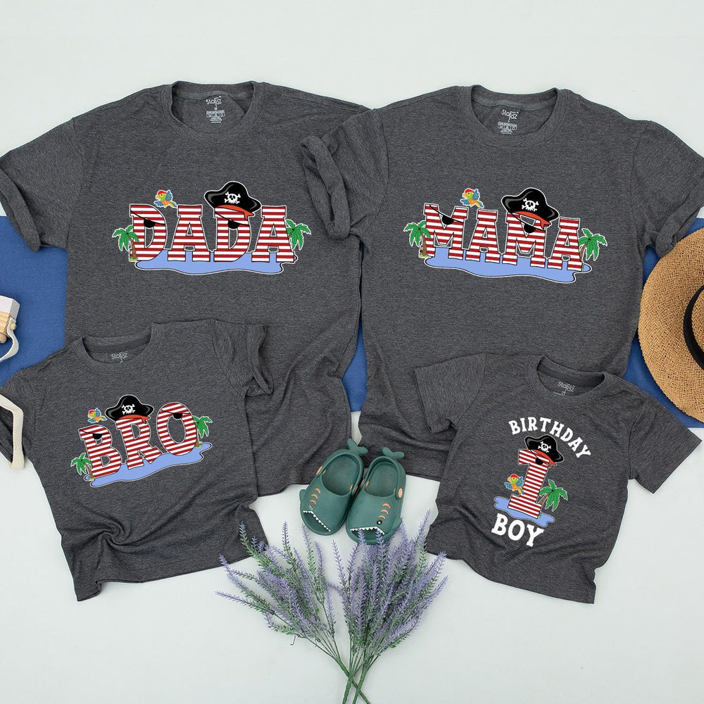 Matching Pirate-Themed Family Birthday Shirts for Mom, Dad, Sister, and Baby Boy, Fun 1st Birthday Outfit with Parrots and Palm Trees