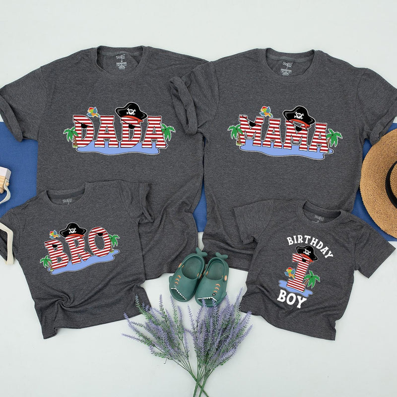 Matching Pirate-Themed Family Birthday Shirts for Mom, Dad, Sister, and Baby Boy, Fun 1st Birthday Outfit with Parrots and Palm Trees