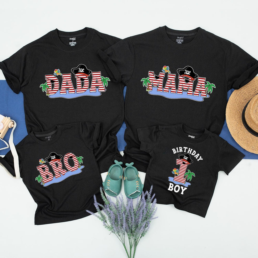 Matching Pirate-Themed Family Birthday Shirts for Mom, Dad, Sister, and Baby Boy, Fun 1st Birthday Outfit with Parrots and Palm Trees