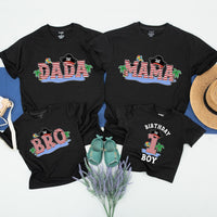 Matching Pirate-Themed Family Birthday Shirts for Mom, Dad, Sister, and Baby Boy, Fun 1st Birthday Outfit with Parrots and Palm Trees