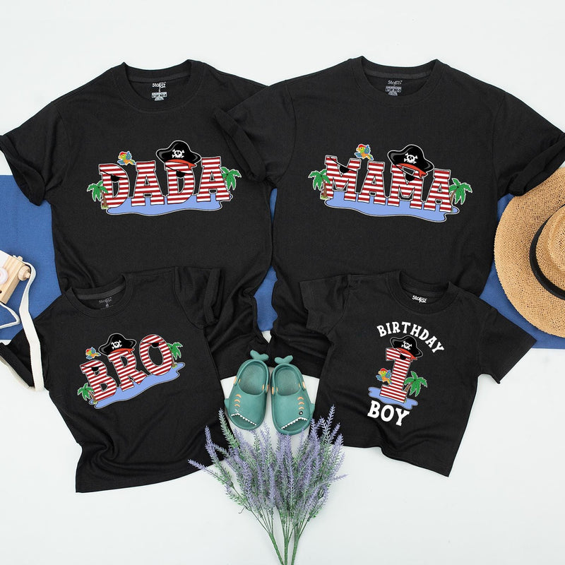 Matching Pirate-Themed Family Birthday Shirts for Mom, Dad, Sister, and Baby Boy, Fun 1st Birthday Outfit with Parrots and Palm Trees
