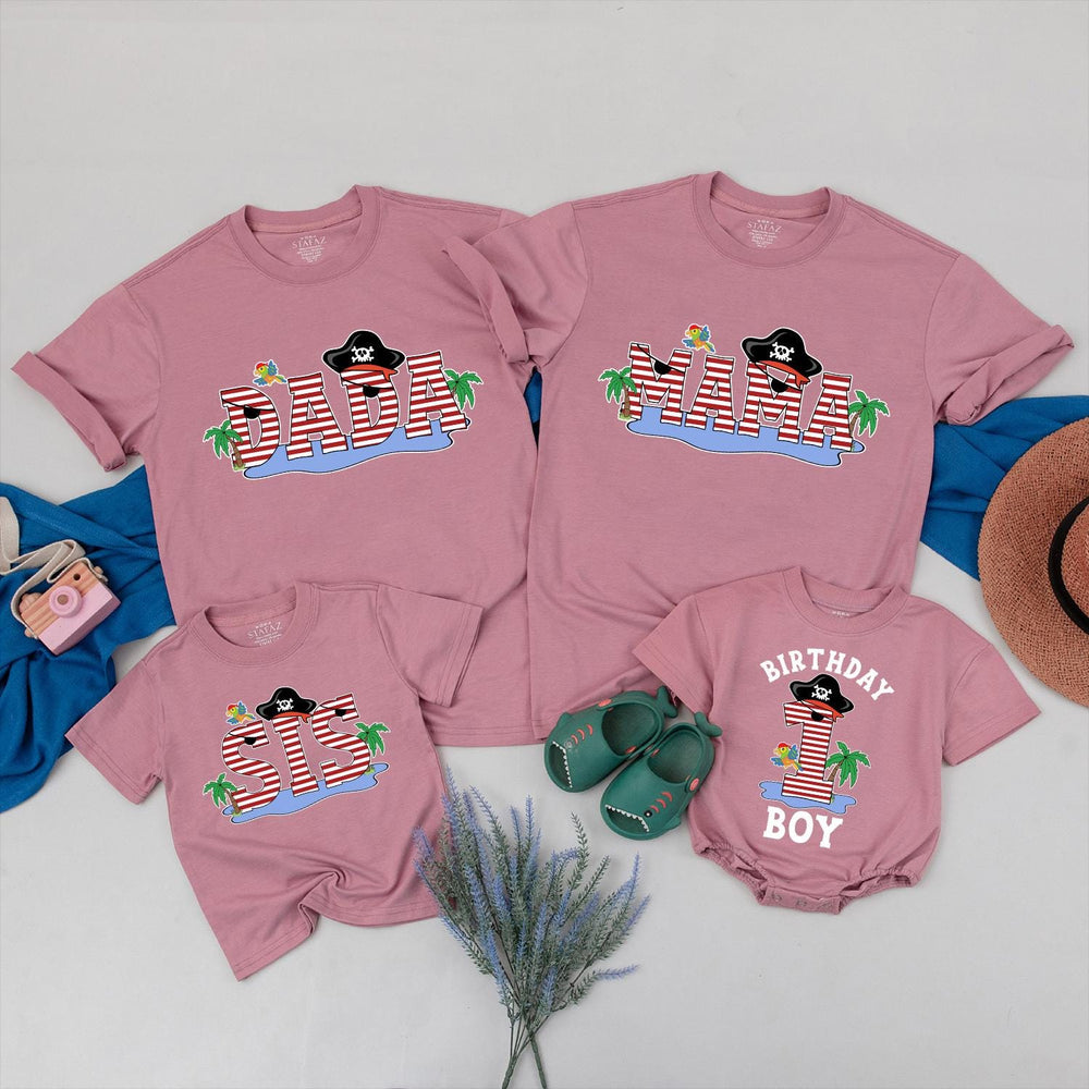 Matching Pirate-Themed Family Birthday Shirts for Mom, Dad, Sister, and Baby Boy, Fun 1st Birthday Outfit with Parrots and Palm Trees