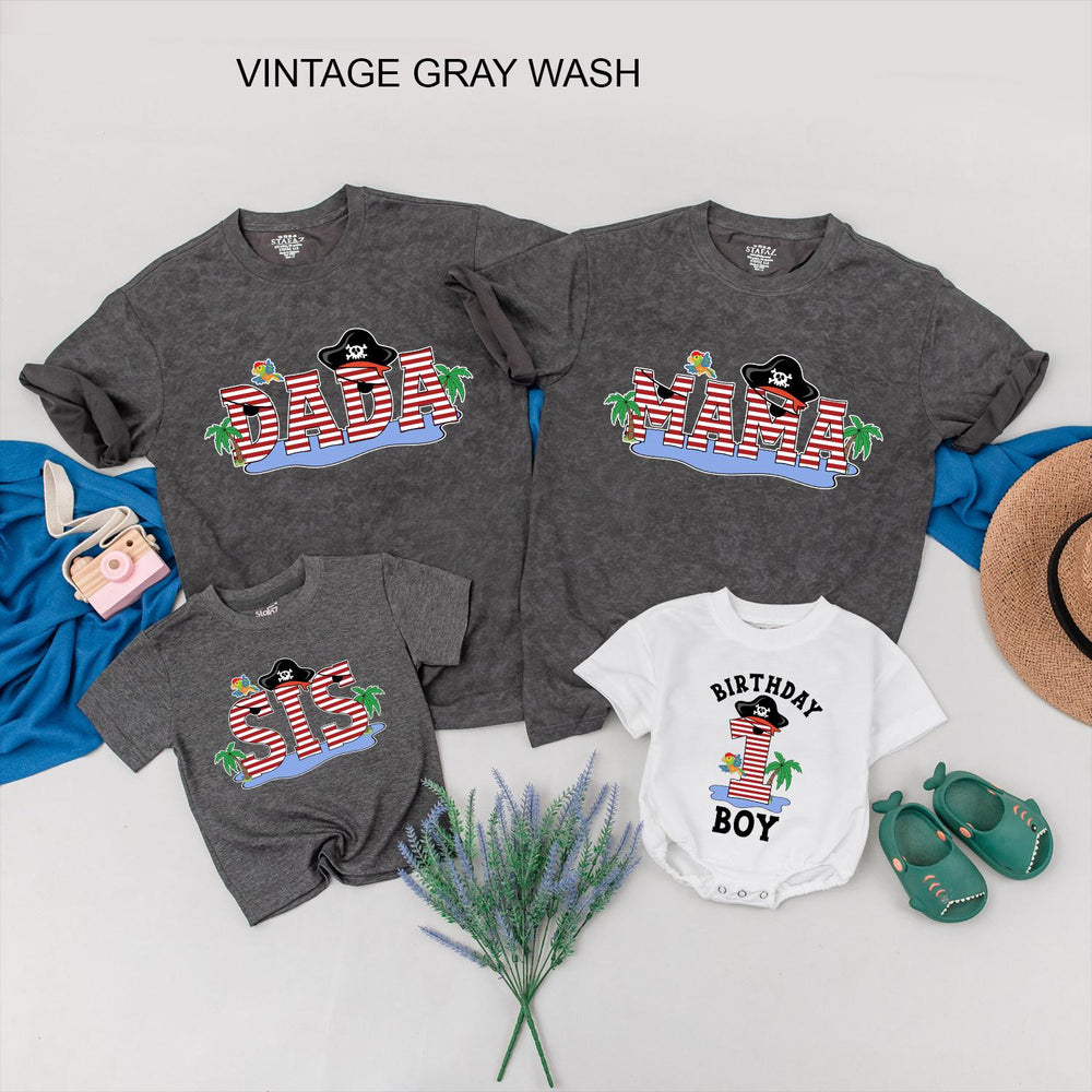 Matching Pirate-Themed Family Birthday Shirts for Mom, Dad, Sister, and Baby Boy, Fun 1st Birthday Outfit with Parrots and Palm Trees