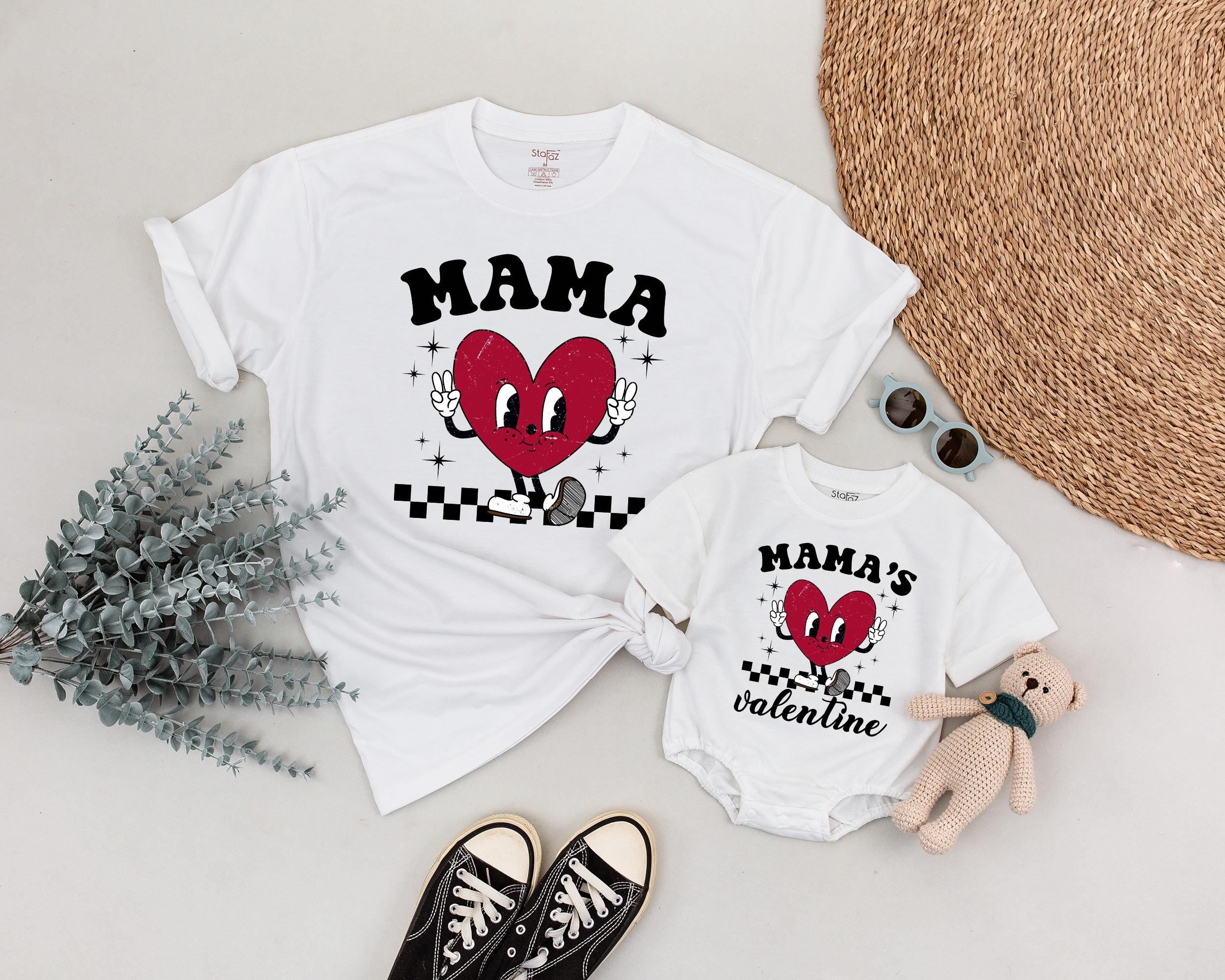 Matching Retro Mama and Baby Valentine Shirts Heart Design Family Outfit Gift Cotton Soft Comfy First Holiday Infant Toddler Girl Boy